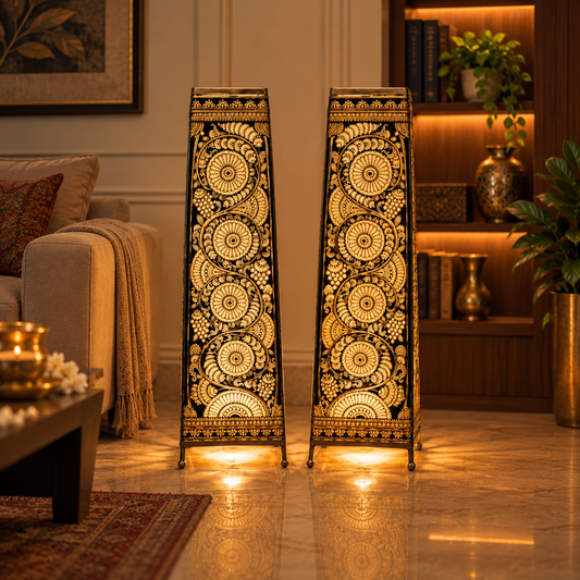 Tholu Phool | Andhra Leather Puppetry Floral Lamp, Set of 2