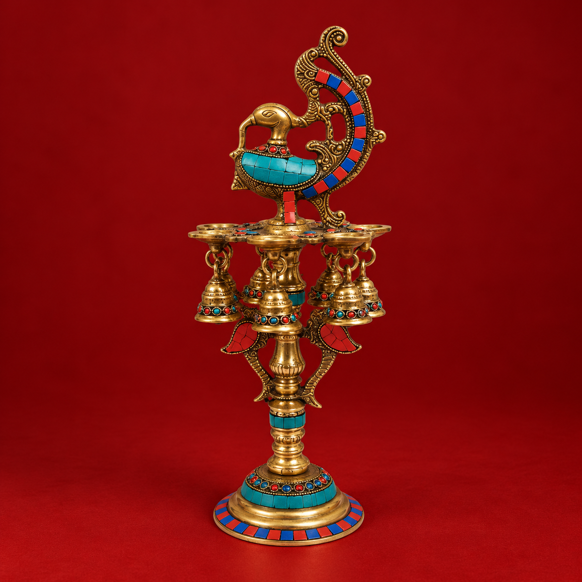Mayur Mahal | Moradabad Brass Peacock Diya with Stonework