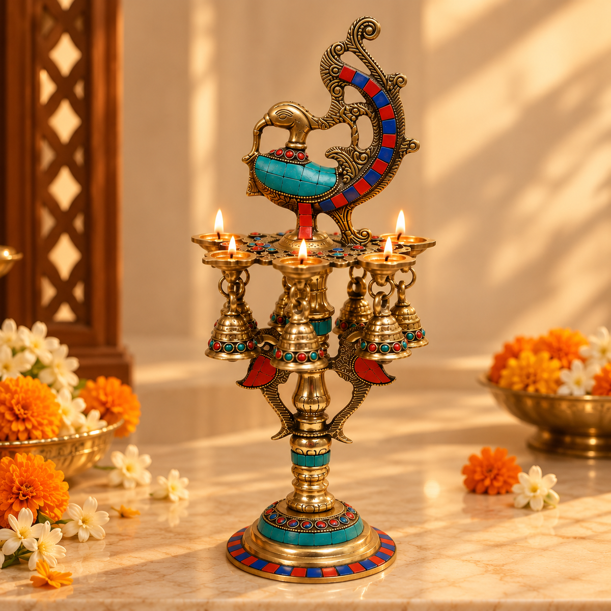 Mayur Mahal | Moradabad Brass Peacock Diya with Stonework
