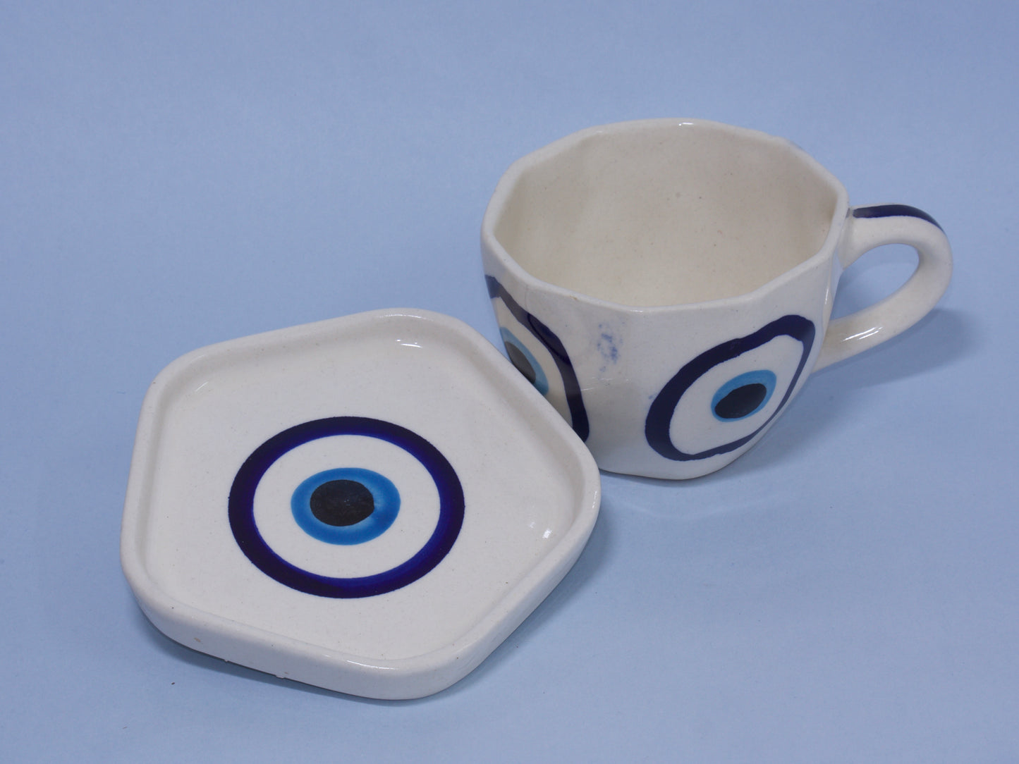 Blue Pottery Cup and Coaster Set – Evil Eye-Rakhi Return Gift for Sister Combo 6