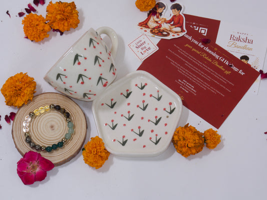 Blue Pottery Cup and Coaster Set – Tree-Rakhi Return Gift for Sister Combo 5
