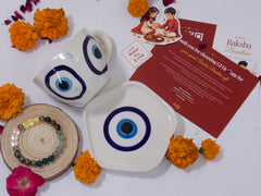 Blue Pottery Cup and Coaster Set – Evil Eye-Rakhi Return Gift for Sister Combo 6