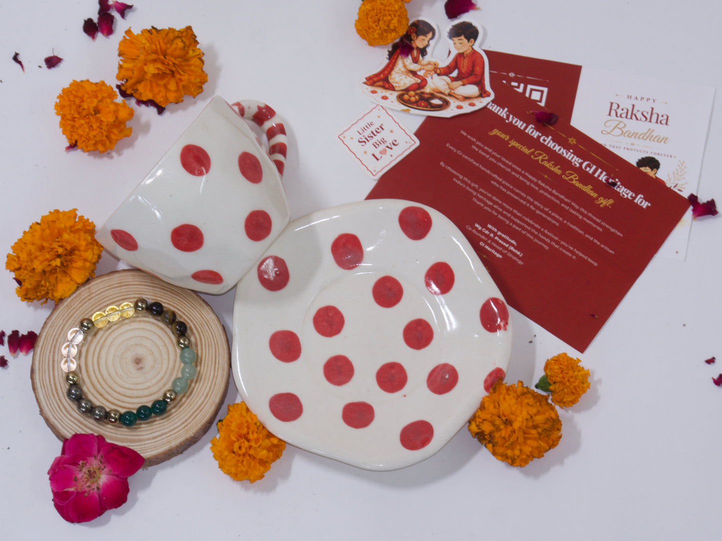 Blue Pottery Cup and Coaster Set – Red Polka Rakhi Return Gift for Sister Combo 7