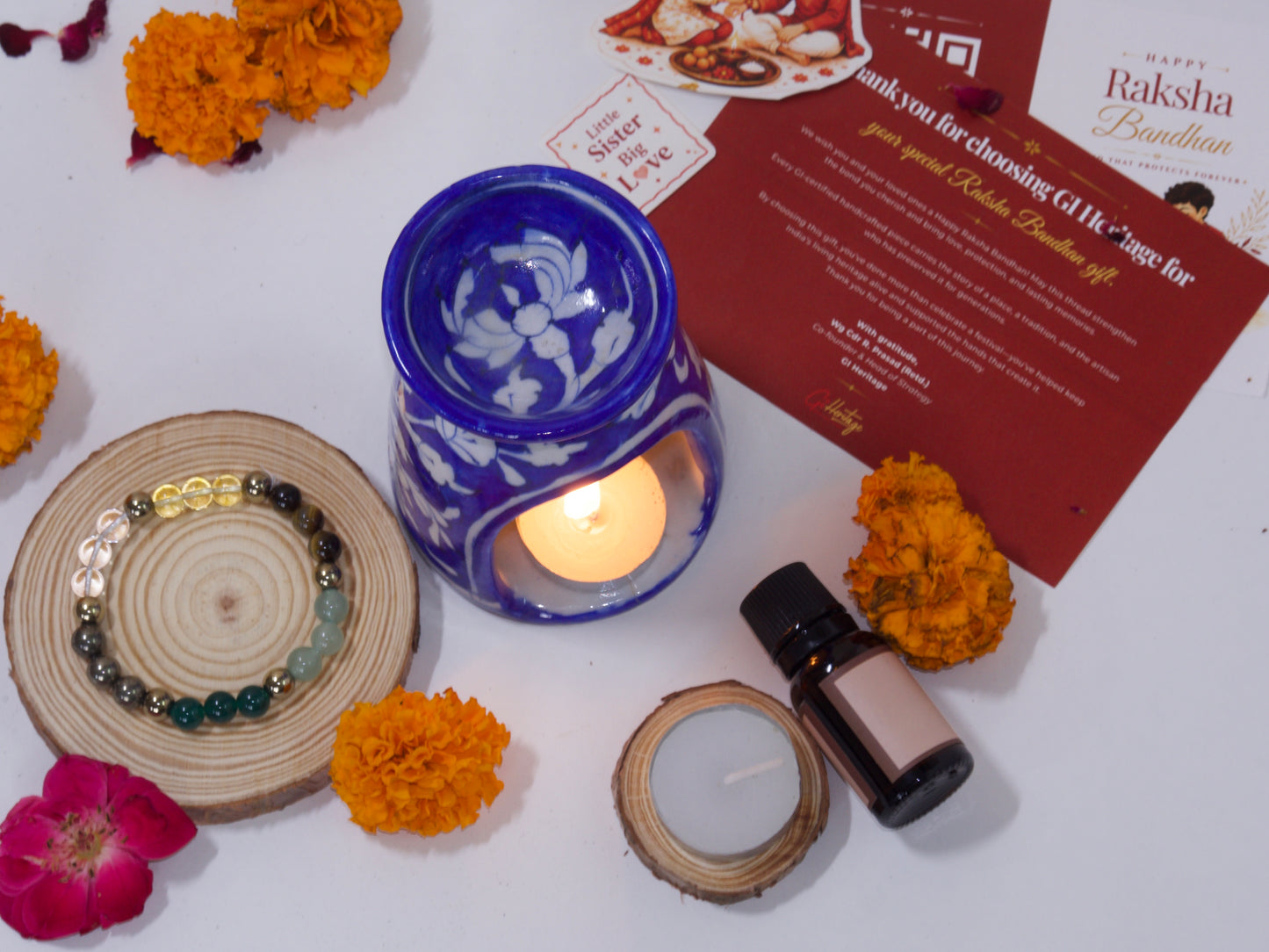 Blue Pottery Diffuser & Candle Set Style 02 Rakhi Return Gift for Sister Combo 9