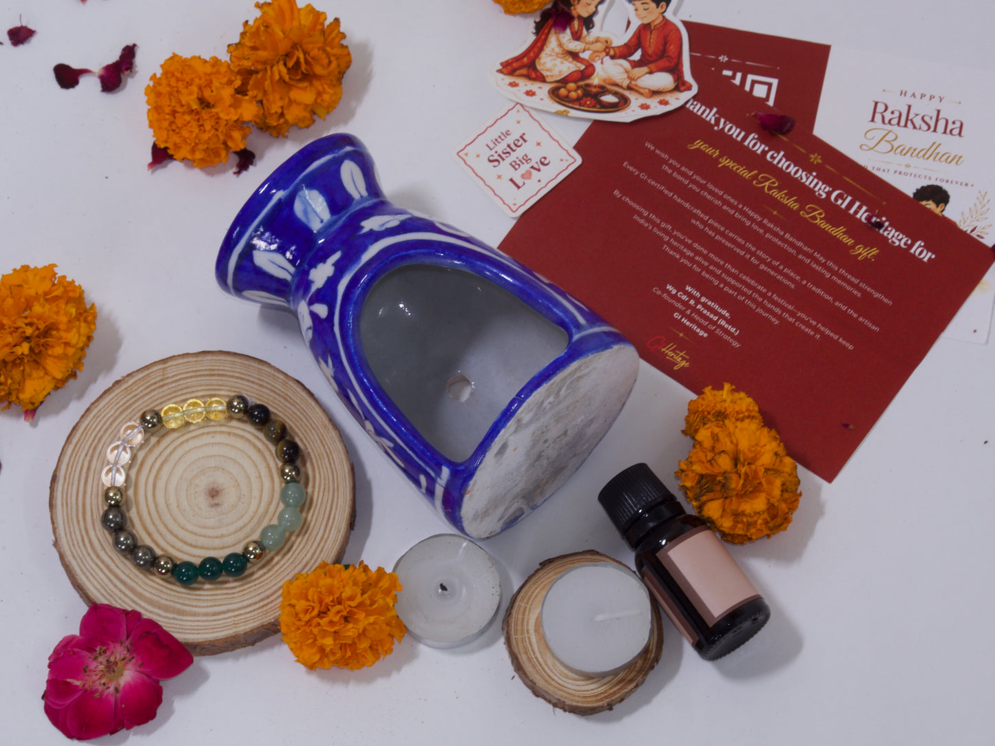 Blue Pottery Diffuser & Candle Set Style 02 Rakhi Return Gift for Sister Combo 9