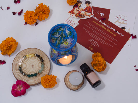 Blue Pottery Diffuser & Candle Set Rakhi Return Gift for Sister Combo 8