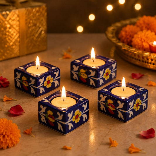 Handmade Beautiful Blue Pottery of Jaipur Candle Stand (Set of 4)