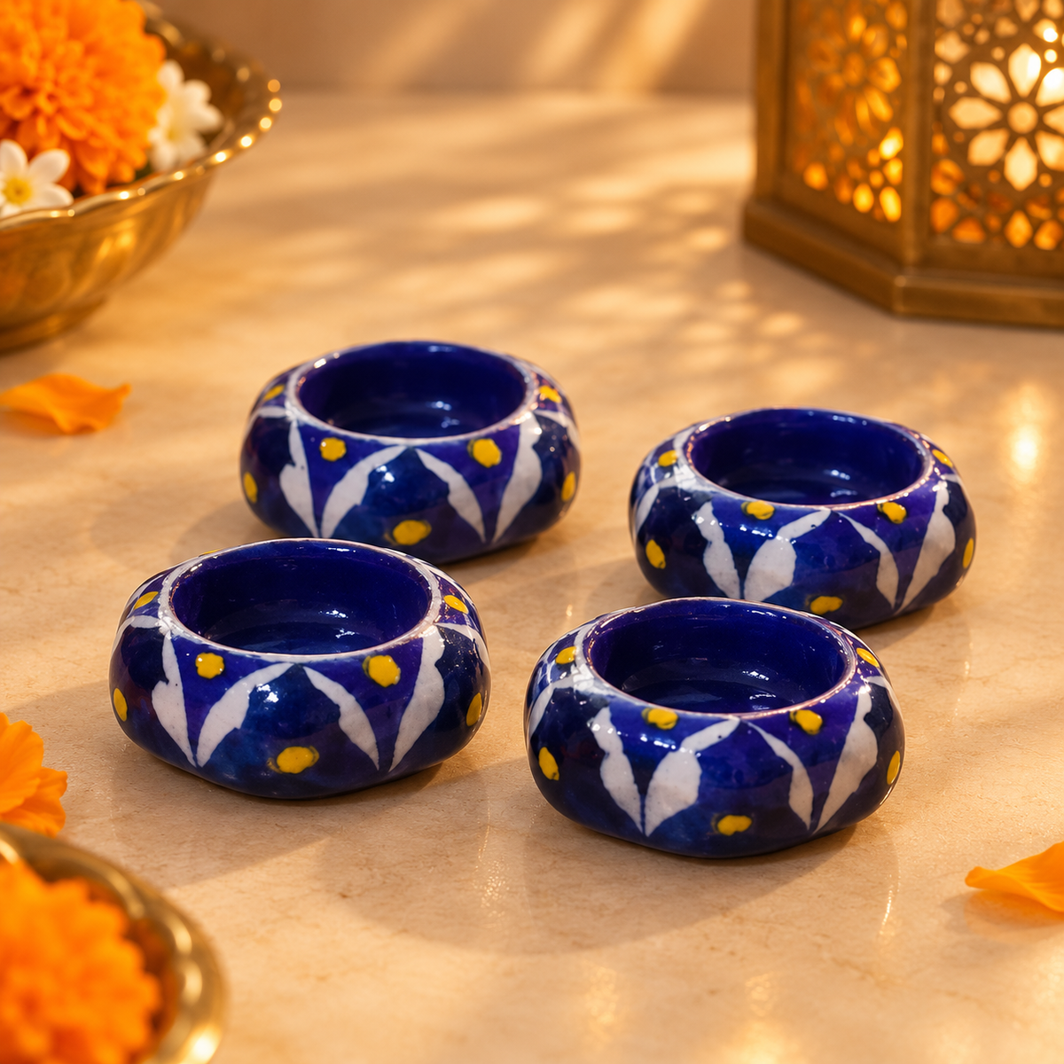 Handmade Beautiful Blue Pottery of Jaipur Diya (Set of 4)