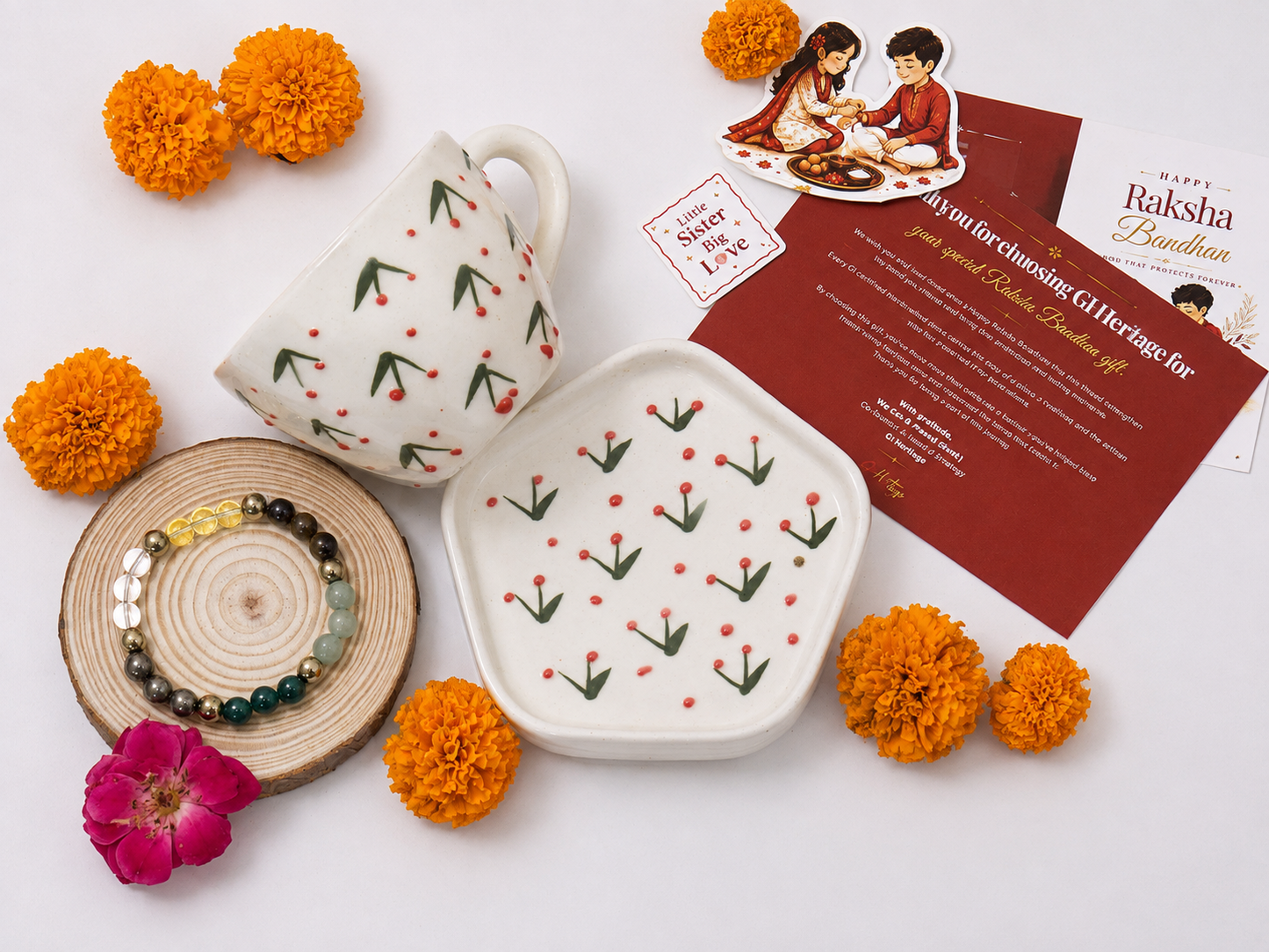 Blue Pottery Cup and Coaster Set – Tree-Rakhi Return Gift for Sister Combo 5