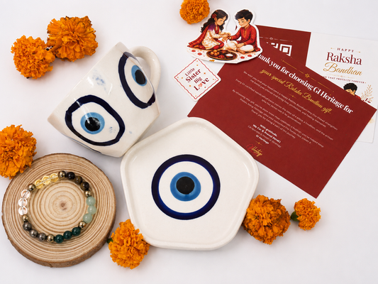 Blue Pottery Cup and Coaster Set – Evil Eye-Rakhi Return Gift for Sister Combo 6
