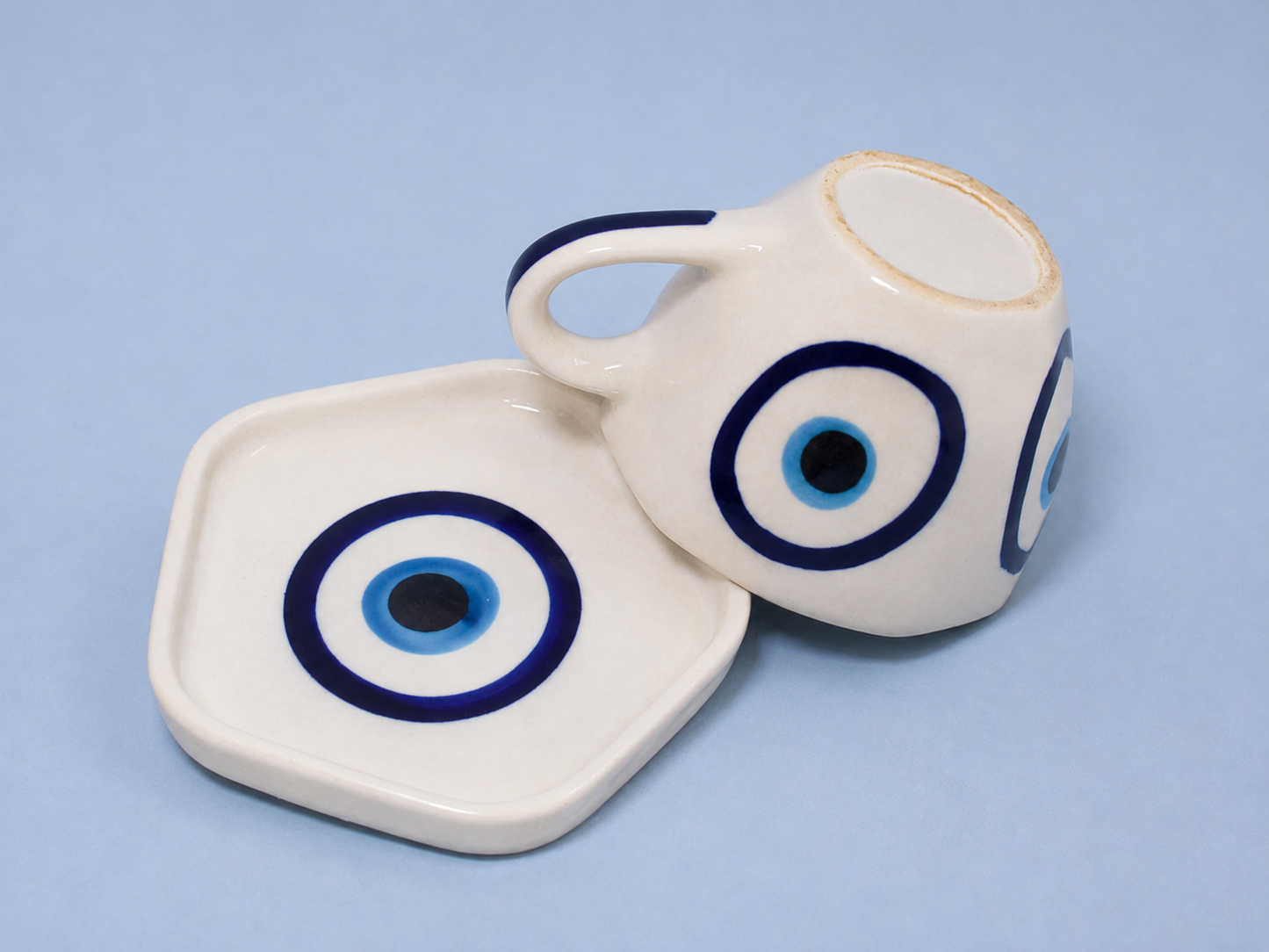 Blue Pottery Cup and Coaster Set – Evil Eye-Rakhi Return Gift for Sister Combo 6