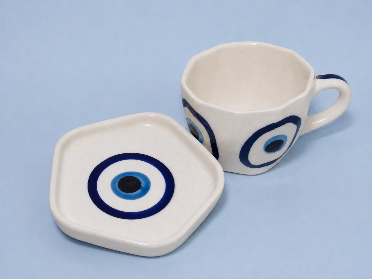 Blue Pottery Cup and Coaster Set – Evil Eye-Rakhi Return Gift for Sister Combo 6