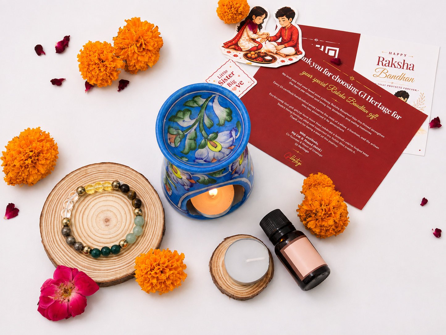 Blue Pottery Diffuser & Candle Set Rakhi Return Gift for Sister Combo 8