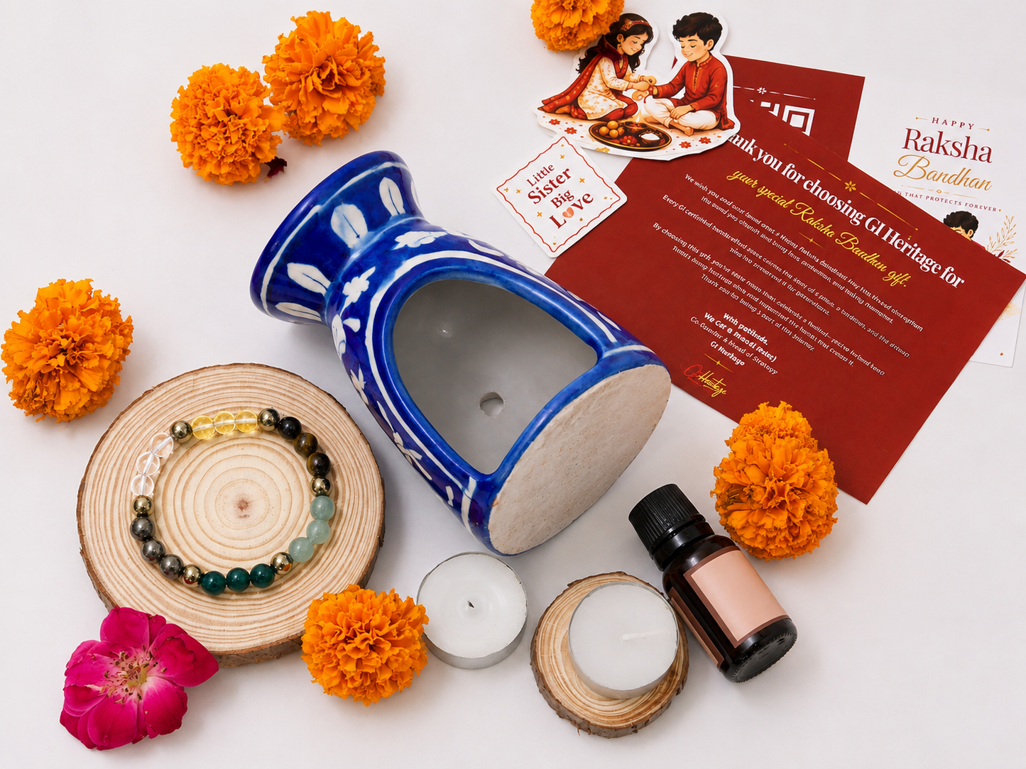 Blue Pottery Diffuser & Candle Set Style 02 Rakhi Return Gift for Sister Combo 9