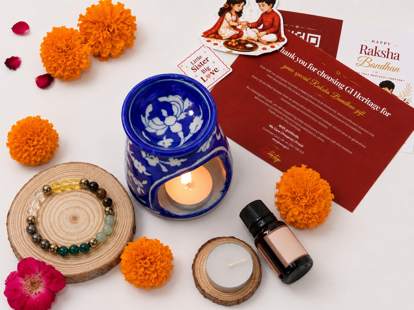 Blue Pottery Diffuser & Candle Set Style 02 Rakhi Return Gift for Sister Combo 9