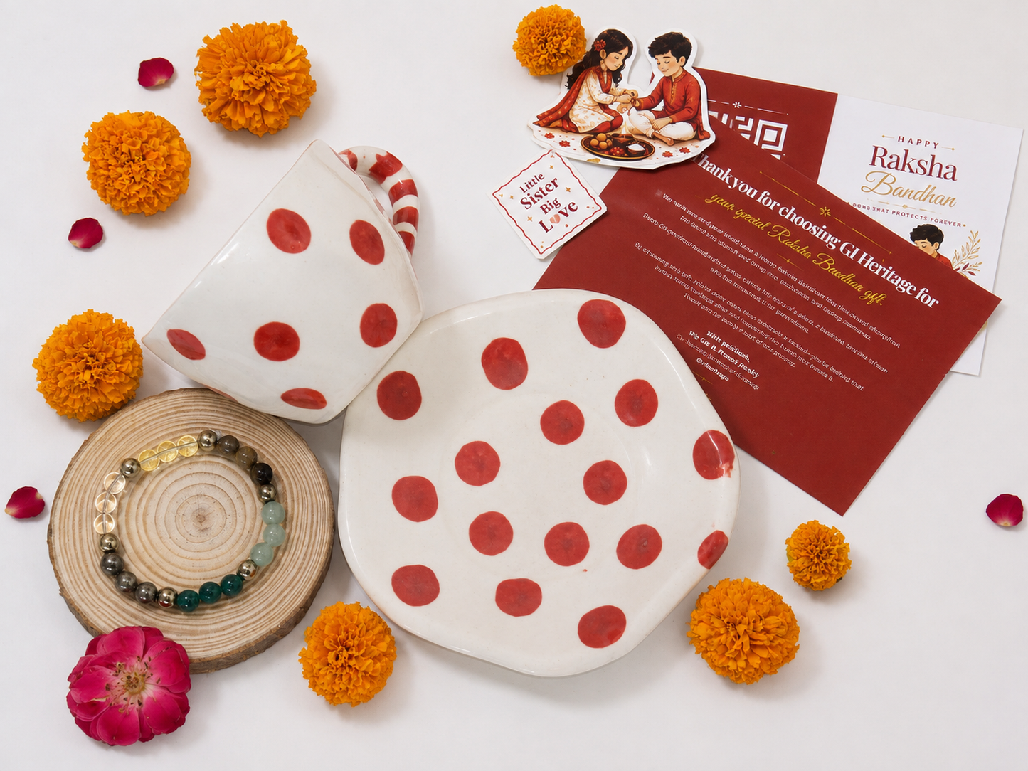 Blue Pottery Cup and Coaster Set – Red Polka Rakhi Return Gift for Sister Combo 7