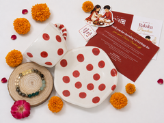 Blue Pottery Cup and Coaster Set – Red Polka Rakhi Return Gift for Sister Combo 7
