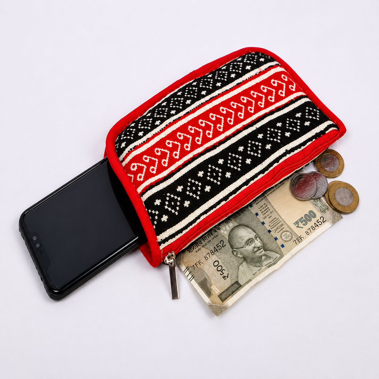 Toda Embroidered Two In One Pouch - Black and Red Pattern
