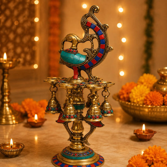Brass Finish Peacock Design With Stonework Diya