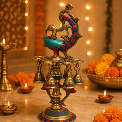 Brass Finish Peacock Design With Stonework Diya