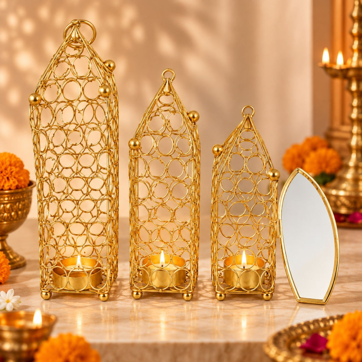 Golden Hanging Tealight Set of 3 Diyas