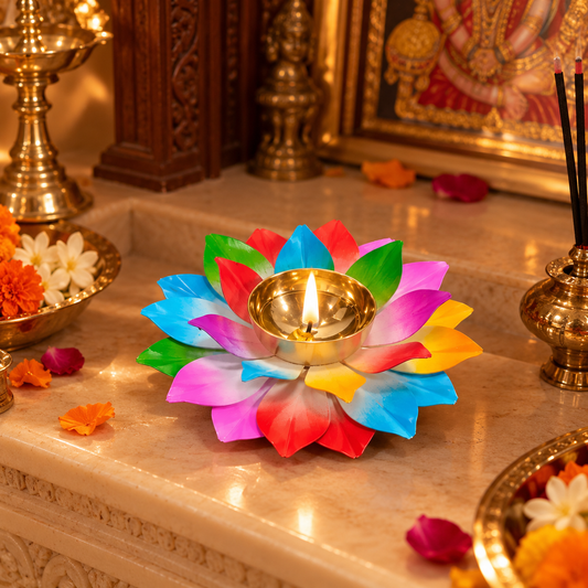 Premium Colorful Metal Lotus Diya with Decorative Black Gift Box