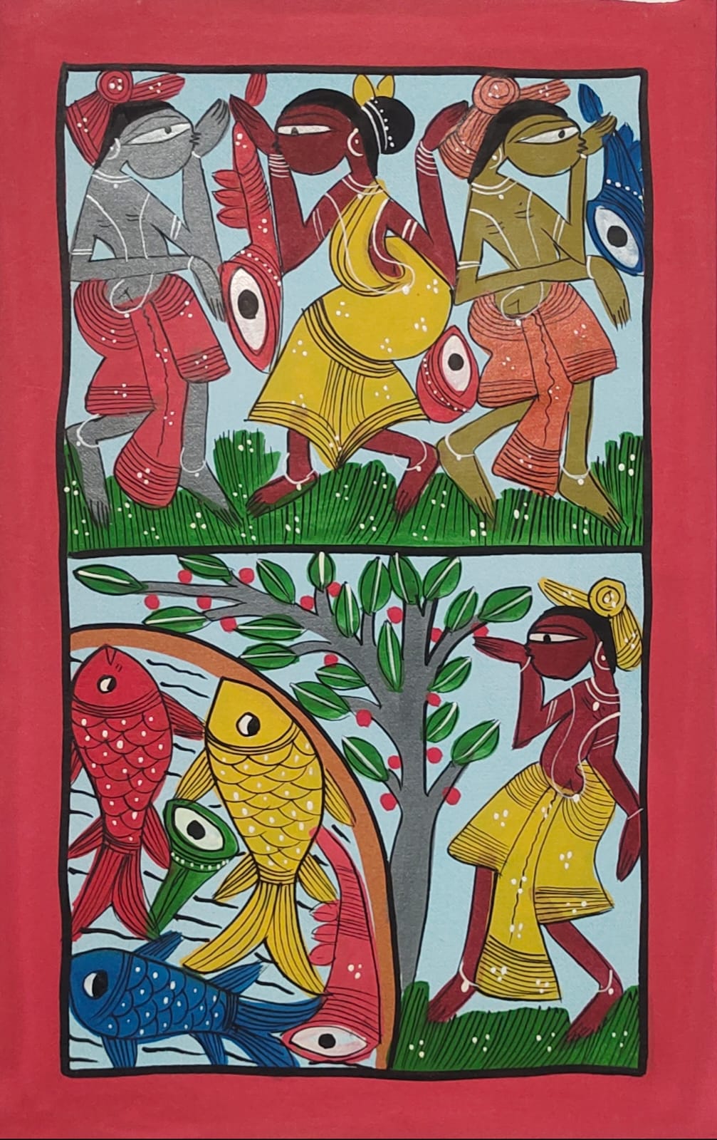 Bengal Pattachitra 3 Men With Women And 3 Fish (10x14 inches)