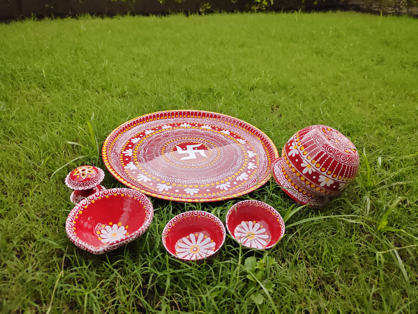 Aipan Art Pooja Thali Set of Lota - Dupdani - 2 Katori - 1 Diya