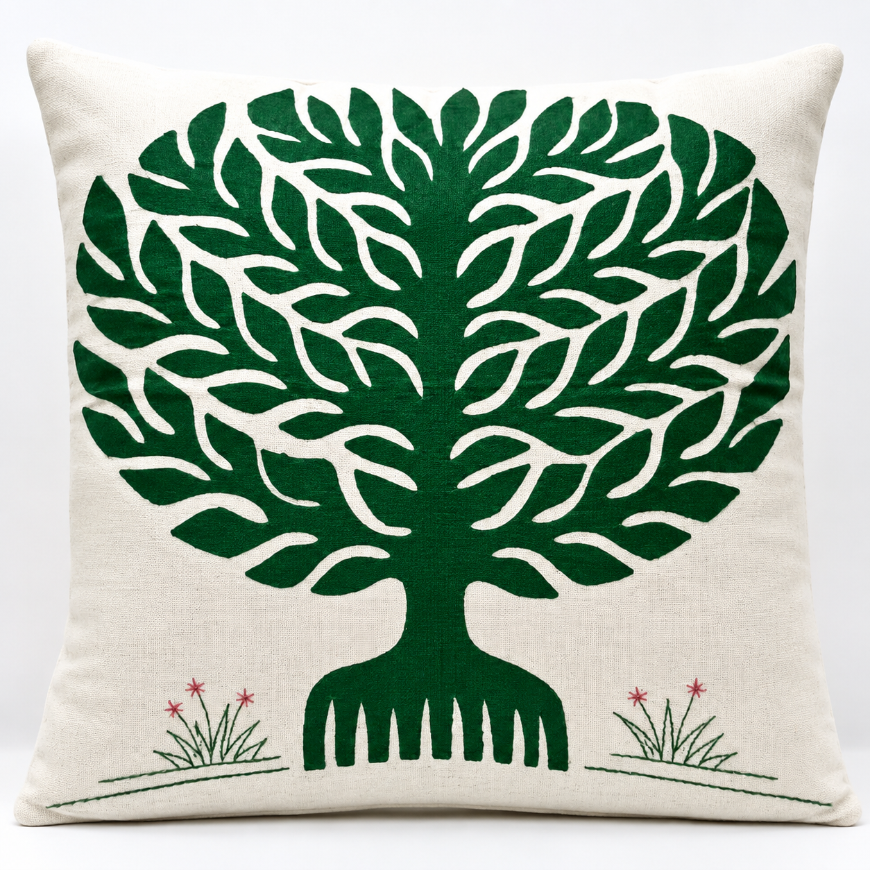 Green Banyan Tree Pipli Appliquie Cushion Cover Single Piece (16