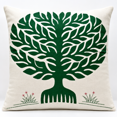 Green Banyan Tree Pipli Appliquie Cushion Cover Single Piece (16