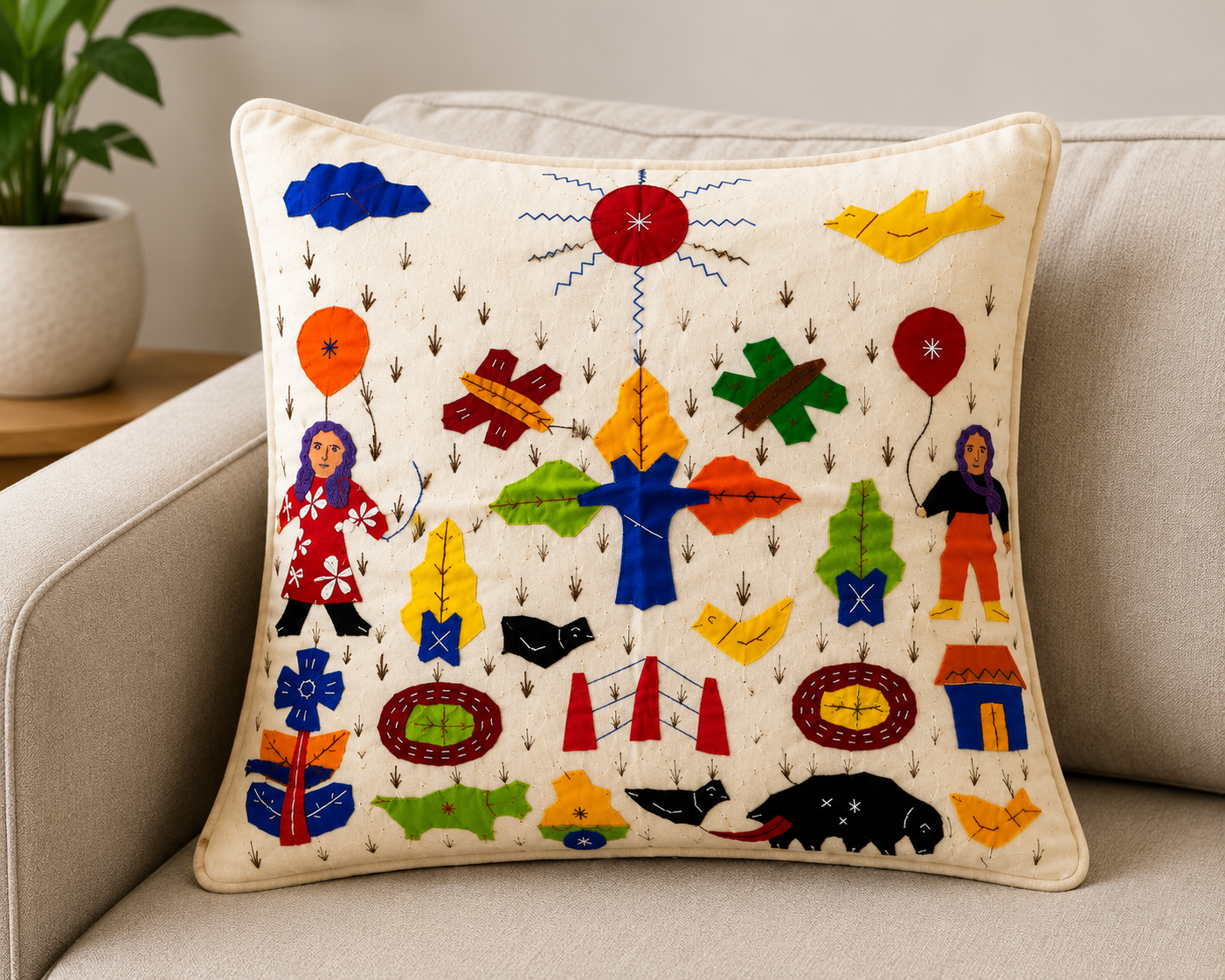 Kids In A Garden Pipli Appliquie Cushion Cover Single Piece (16*16) Inch