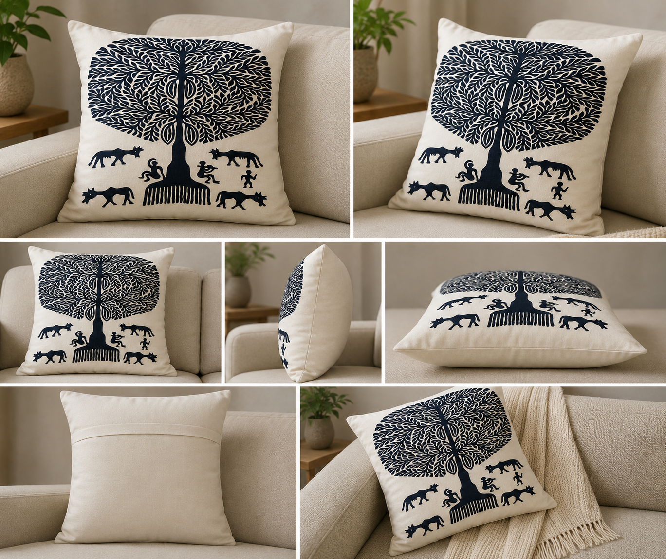 Black & White Tree With Villagers Pipli Applique Work