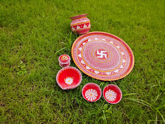 Aipan Art Pooja Thali Set of Lota - Dupdani - 2 Katori - 1 Diya
