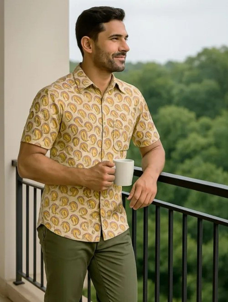 Akola Block Printed Cotton Men's Half Sleeves Shirt - Off White