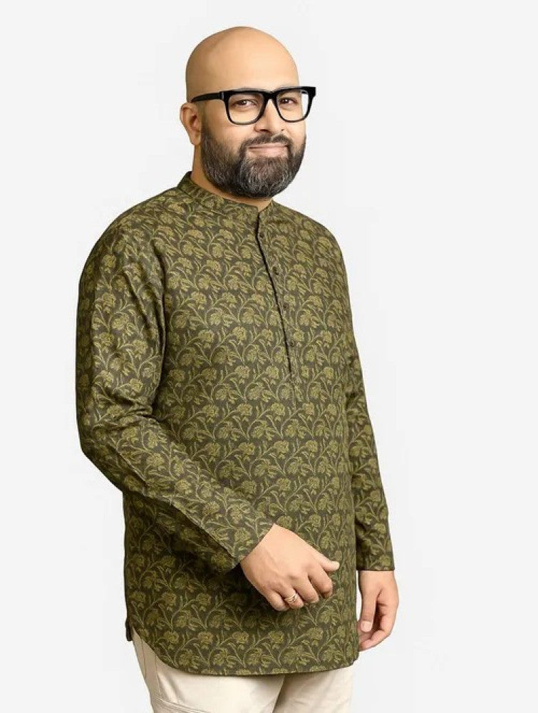 Akola Block Printed Cotton Men's Short Kurta - Green