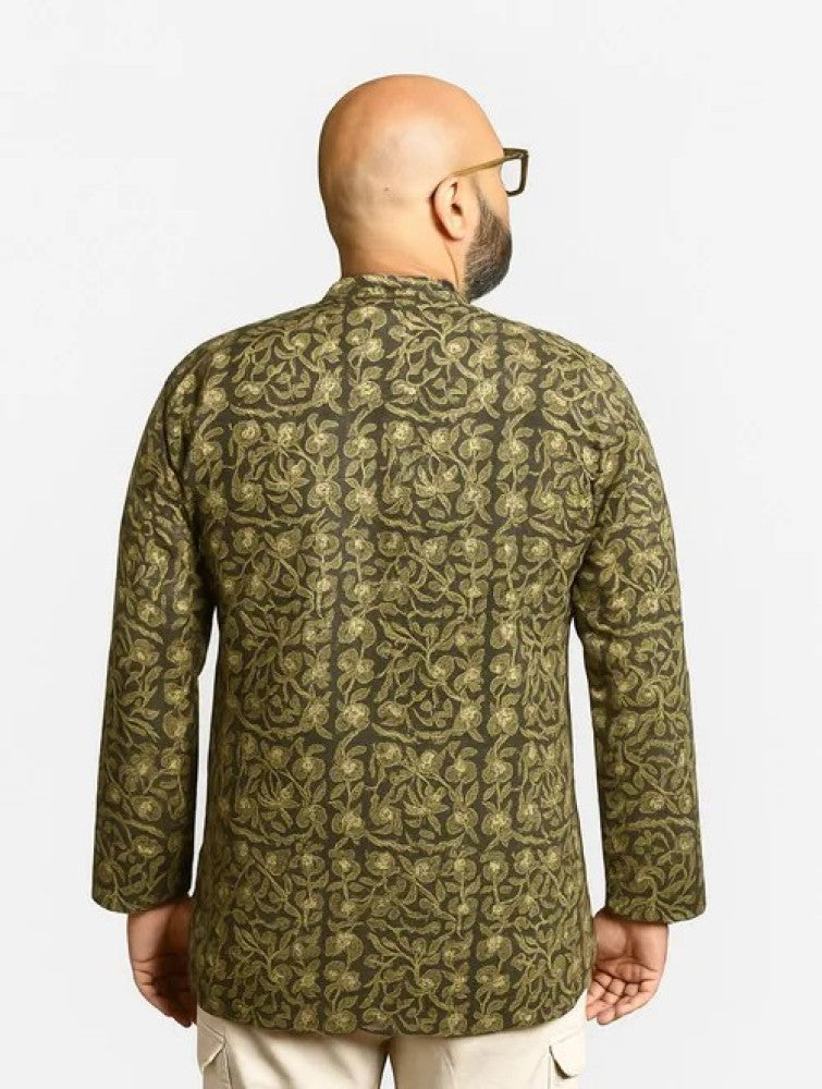 Akola Block Printed Cotton Men's Short Kurta - Green