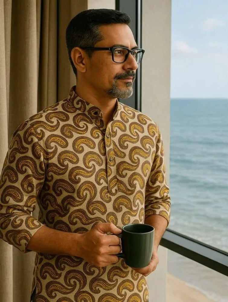 Akola Block Printed Cotton Men's Short Kurta - Off White