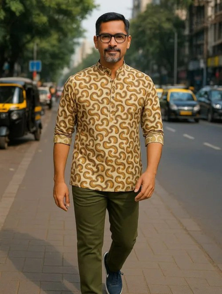 Akola Block Printed Cotton Men's Short Kurta - Off White