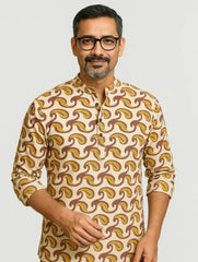 Akola Block Printed Cotton Men's Short Kurta - Off White