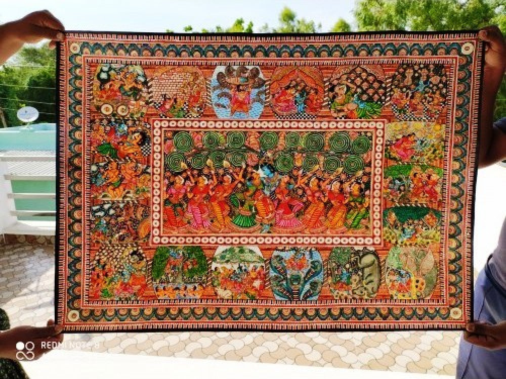 Beautiful Handmade Andhra Pradesh Leather Puppetry Shree Krishna Leela Multicolour Painting
