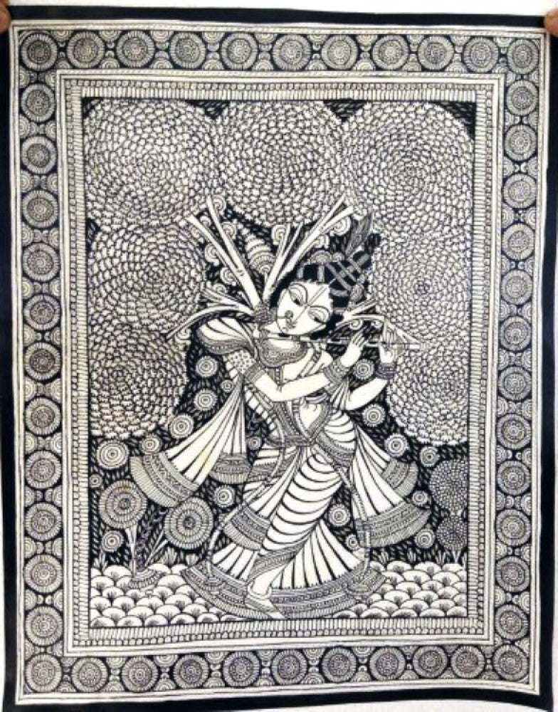 Traditional Handmade Andhra Pradesh Leather Puppetry Of Lord Krishna Playing Flute Scene Painting