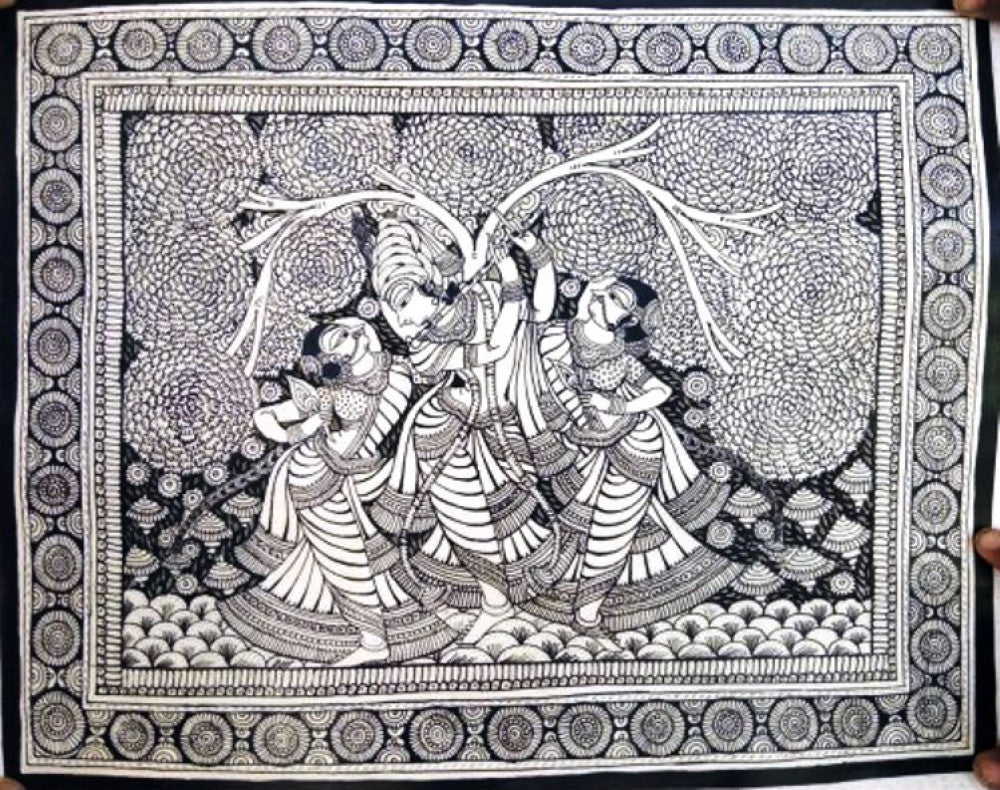 Traditional Handmade Andhra Pradesh Leather Puppetry Of Lord Krishna Playing Flute With Radha Scene Painting