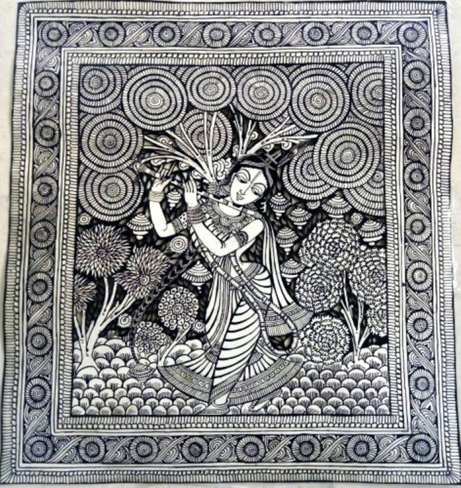 Traditional Handmade Andhra Pradesh Leather Puppetry Of Beautiful Radha Playing Flute Painting