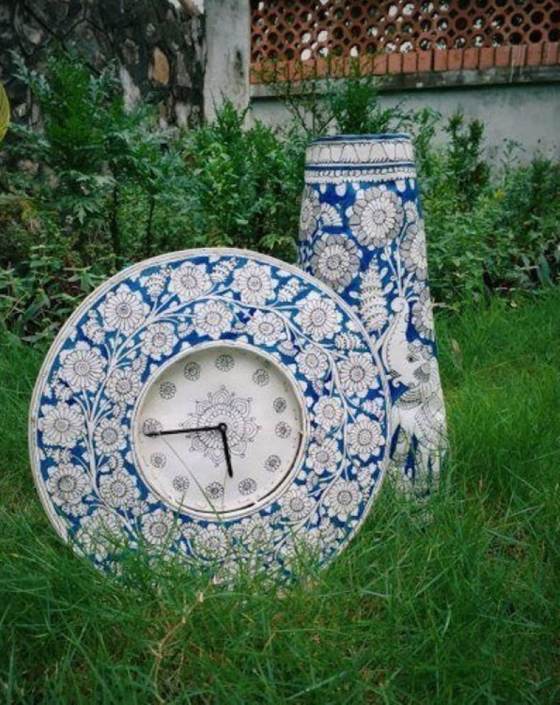 Decorative Wall Clock Blue Handprinted Leather Puppetry