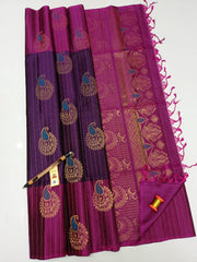 Authentic Handloom Elite Pure Soft Silk Sarees - Violet with Pink Coloured with Patterned Zari Border With SilkMark Tag