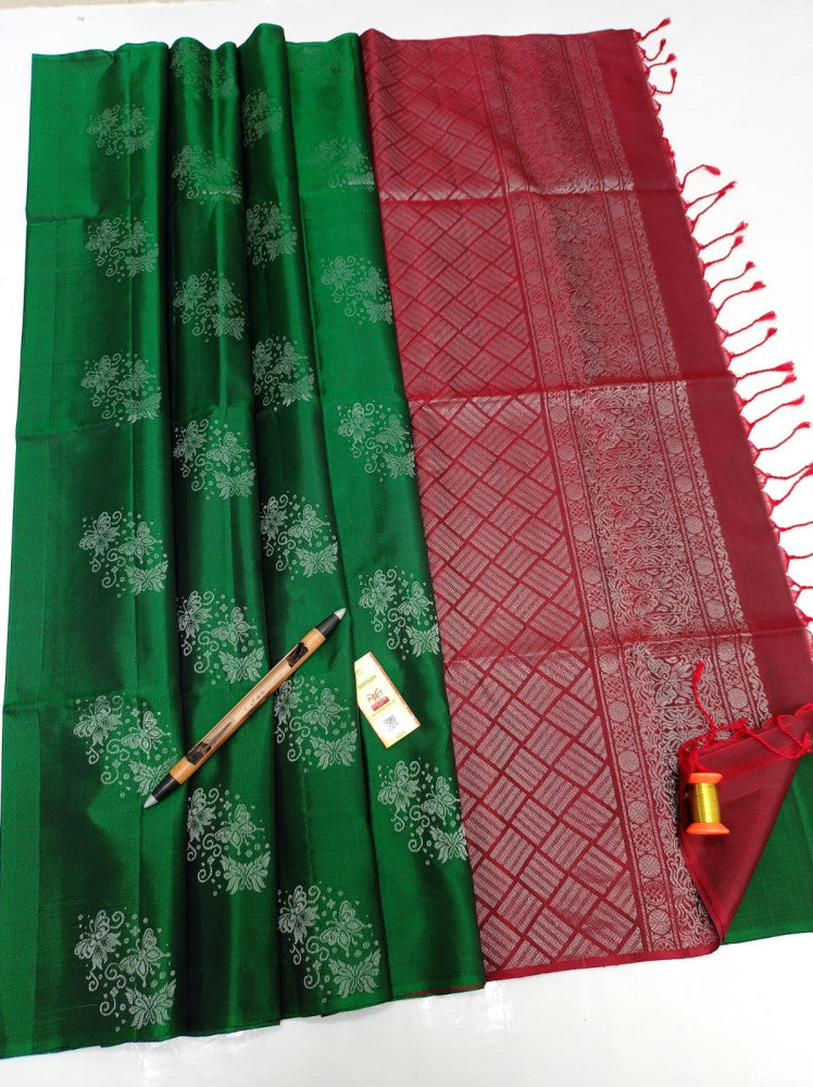 Authentic Kancheepuram Pure Soft Silk Sarees - Green Coloured With Red Maroon Zari Patterned Pallu with Silkmark Tag