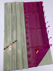 Authentic Kancheepuram Pure Soft Silk Sarees - Pastel Green Coloured with Pinkish Maroon Zari Patterned Pallu With Silkmark Tag
