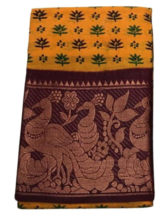 Authentic Madurai Sungudi Sarees- Yellow Pattern with Peacock Zari Themed