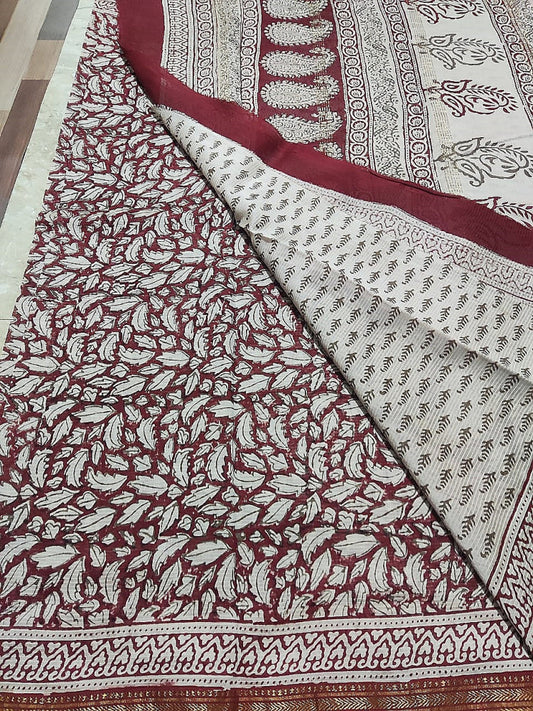 Bagh Block Print Maroon & White Saree