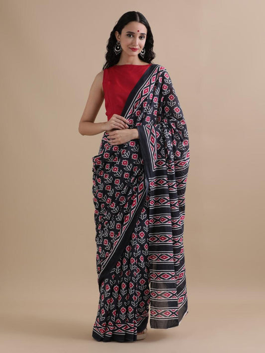 Bagru Block Print Cotton mulmul Saree Style 100